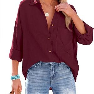 NWT Women’s Whine Red AISEW Button Down Casual V-Neck Longsleeve Collared Blouse